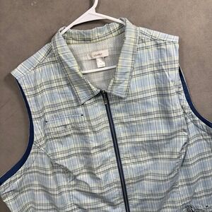 CJ Banks Utility Vest Womens‎ 4X Blue Yellow Plaid Full Zip Mesh Lined Excellent
